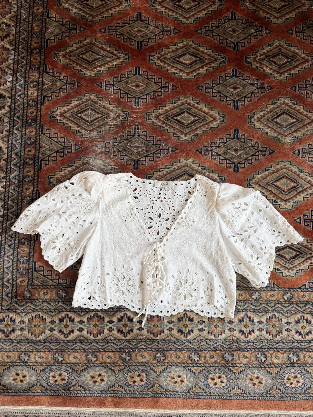 Sea New York White Eyelet Crochet Tie-Front Blouse